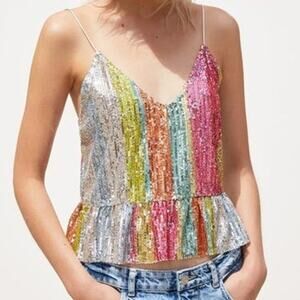 Zara Mermaid Striped Multicolor Sequin Peplum Ruffle Detail V Neck Shiny Top S
